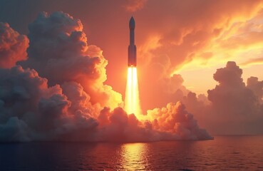 Rocket launches from ocean horizon amid dramatic fiery clouds at dawn or dusk. Intense bright flame plume trails skyward. Space exploration adventure begins.
