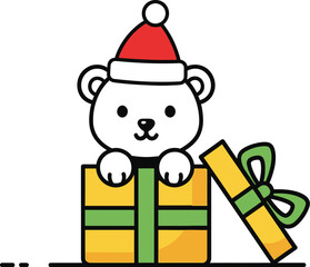 Cute Christmas Polar Bear Popping Out of a Gift Box Cartoon Vector Illustration.eps