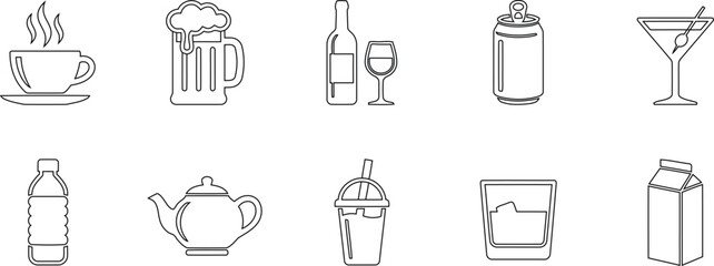 A minimalist vector line art collection of various beverages, including coffee, beer, and wine icons.