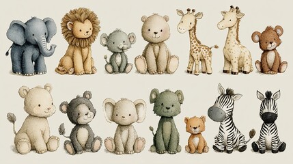 Cute Baby Jungle Animals Clipart Set, Hand-Drawn Cartoon Collection