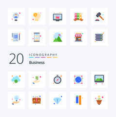 20 Business Flat Color icon Pack. like decoration. photo. timer. frame. worldwide