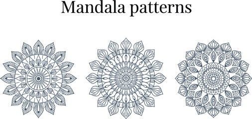 Three dark blue mandala patterns on white background