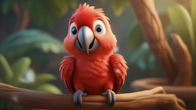 Cute Red Parrot Perched on a Branch in a Lush Green Jungle.