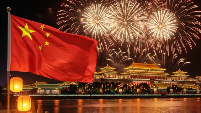Chinese flag waving majestically in the foreground, behind it a traditional Chinese palace glowing with warm lantern lights, massive fireworks exploding in the night sky