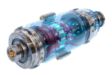 Futuristic transparent engine with glowing blue and purple energy core