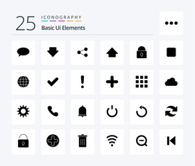 Basic Ui Elements 25 Solid Glyph icon pack including login. security. share. lock. up