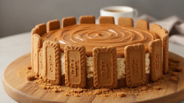 Creamy lotus biscoff cheesecake topped with smooth caramel spread and decorated with biscuit cookies, displayed on a wooden board in warm natural light.