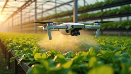 Drone sprays plants in greenhouse. Automated agriculture tech uses robot for indoor farming. Green crops grow with modern cultivation. Precision farming boosts plant production. Future farming tech.