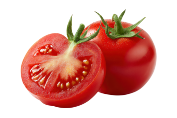 Fresh red tomato with water drops and cut half isolated on transparent background