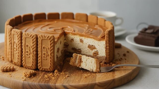 Creamy lotus biscoff cheesecake topped with smooth caramel spread and decorated with biscuit cookies, displayed on a wooden board in warm natural light.