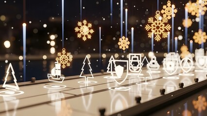 Illuminated winter village display with snowflake decorations