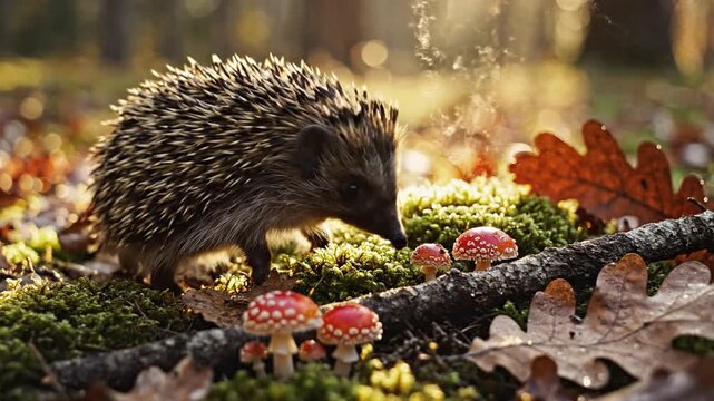 A tiny hedgehog forages among moss, fallen leaves, and red mushrooms on a forest floor; sunlit today