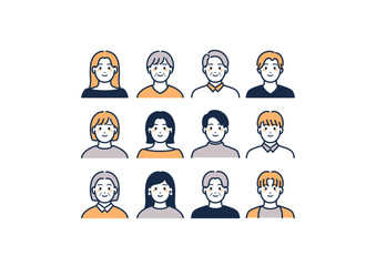 男女の上半身のイラストセット（オレンジ系）