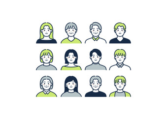 男女の上半身のイラストセット（黄緑系）