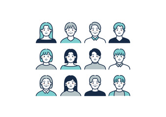 男女の上半身のイラストセット（青系）