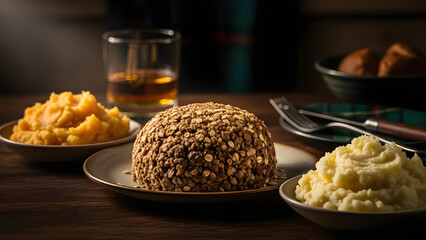 Hearty scottish haggis served with creamy mashed potatoes and a glass of amber whisky