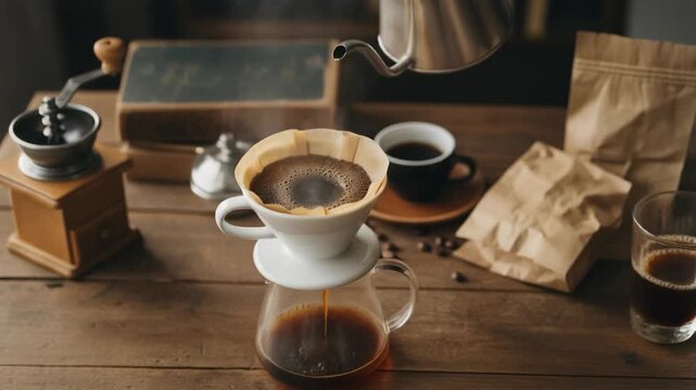 Cozy coffee setup featuring a pour-over brew, fresh beans, grinder, and steaming cups on a rustic wooden table.