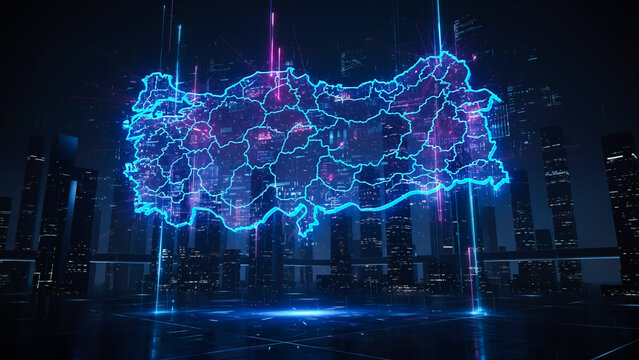 Abstract glowing map of Turkey on night city background. 3D rendering