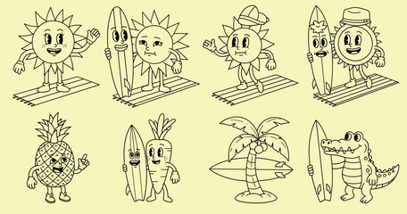 Obraz premium Whimsical cartoon characters of fruits vegetables and sun in retro style