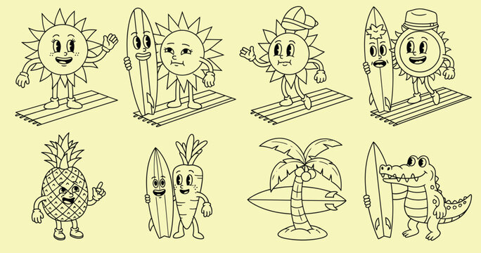 Whimsical cartoon characters of fruits vegetables and sun in retro style