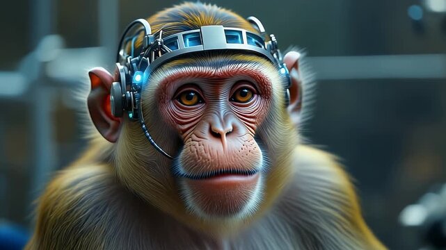 Monkey with a futuristic headgear looking into the distance.
