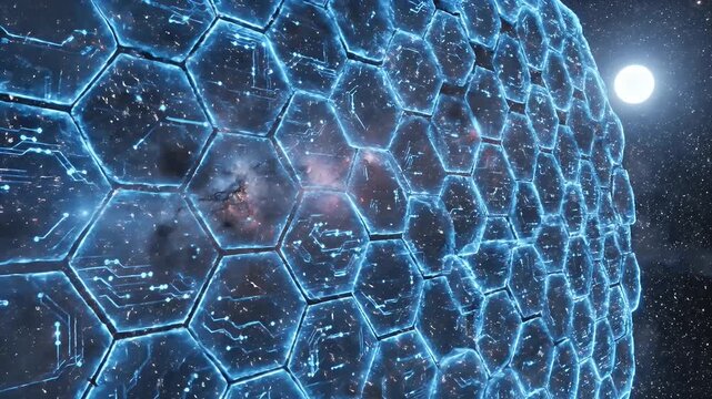 Futuristic energy shield protecting against powerful cosmic explosions in space.