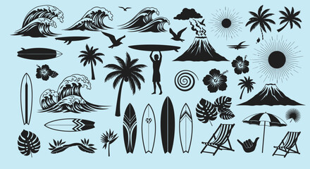 Collection of tropical beach and surfing elements in silhouette style © Anika