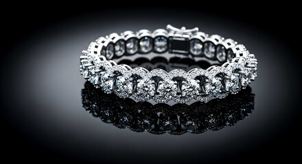 Elegant Diamond Tennis Bracelet in Silver on Black Reflective Surface for Luxury Jewelry Listing