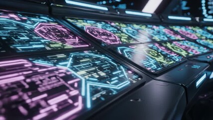 Futuristic digital control panel with glowing neon holographic interface and colorful illuminated displays dark high tech environment showcasing advanced technology and vibrant high tech electronic