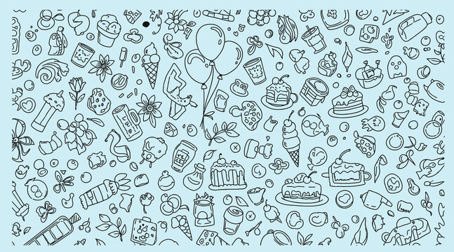 Whimsical doodle collage of many small cartoon characters and objects in black and white