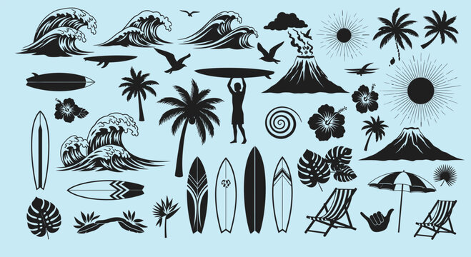 Collection of tropical beach and surfing elements in silhouette style
