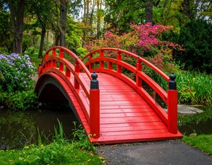 Vivid red bridge in a serene Japanese garden setting, lush foliage