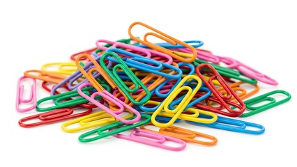 Colorful metal paper clips in red, green, blue, and yellow are isolated on a white background for office and school supplies
