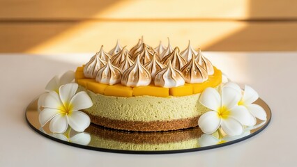 Delicious mango or lemon meringue cheesecake topped with toasted meringue peaks, garnished with white plumeria flowers on a reflective surface