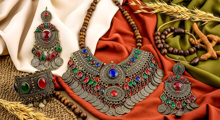 Intricate Silver Jewelry Set With Multicolored Gemstones &mdash; Necklace, Bangles, and Earrings