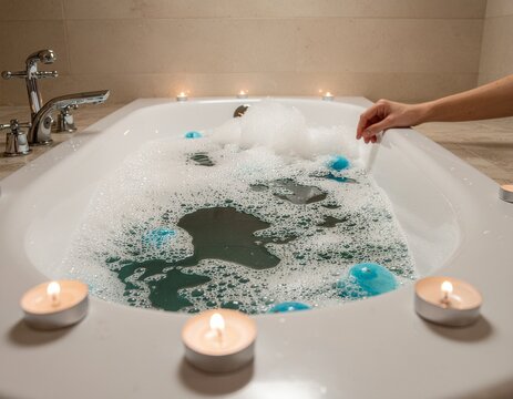 Relaxing blue bubble bath with candles for self-care - Powered by Adobe