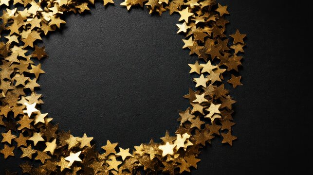 An overhead shot of golden star confetti arranged into a perfect circle on a matte black background Shadows - Powered by Adobe