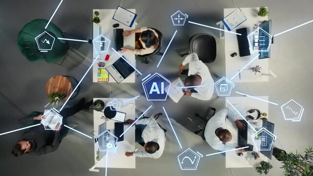 Office workers streamlining workflow with artificial intelligence, futuristic HUD icons symbolizing digital ecosystem. Top down view of colleagues using AI enterprise solutions driving business growth