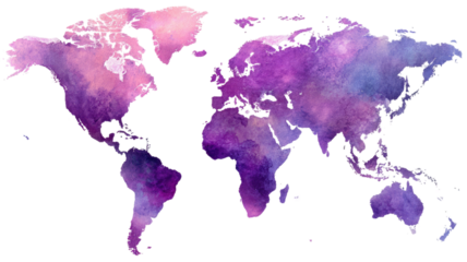 Vibrant watercolor world map showcasing continents in artistic purple tones for creative design projects isolated on white background