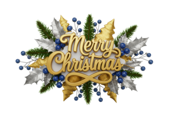 highly detailed gold calligraphic 'merry christmas' script, silver holly, cobalt blue berries, and fir trees, isolated on a transparent background with copy space. concept of sophisticated holiday