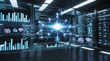Futuristic digital interface with data charts and network connection displayed transparent screen dark server room environment showcasing advanced technology and holographic data visualization with - Powered by Adobe