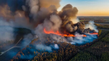 Stunning aerial view of a forest fire with vibrant flames and smoke rising against a colorful sunset