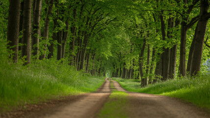 Obraz premium A serene dirt path winding through a vibrant green forest with tall trees forming a natural canopy overhead, creating a peaceful tunnel effect.
