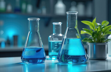 Two lab flasks with blue liquid stand on a research bench near a green plant. Clear glassware contains bright blue fluid for science tests and analysis in a modern lab.