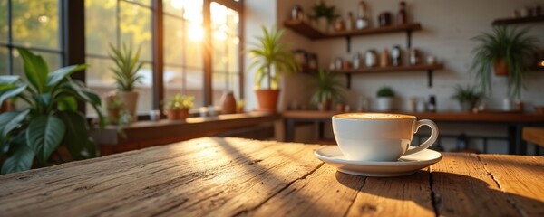 Warm sunbeams illuminate a coffee cup with latte art on a rustic wooden table. Potted plants adorn the windowsill, creating a cozy cafe atmosphere with ample copy space for text.