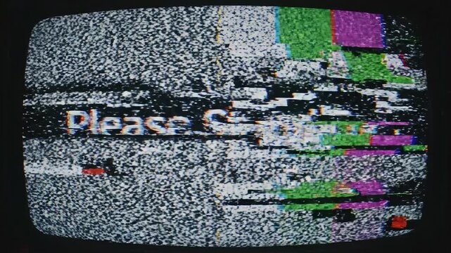 A vintage television screen displays a classic Please Stand By message amidst a flurry of analog static and white noise evoking a sense of broadcast interruption technical difficulties or a nostalgic.