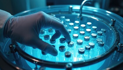 Lab worker in glove handles small vials inside sterile incubator with blue light. Scientist works with medical samples for research and analysis. Future vaccine development in progress.