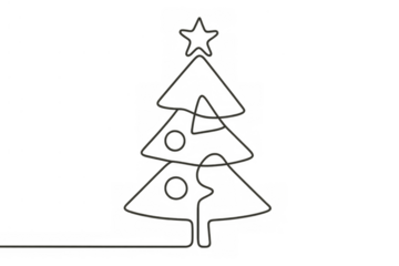 Christmas tree continuous line drawing with star and ornaments, celebrating holiday season, minimal design on transparent background
