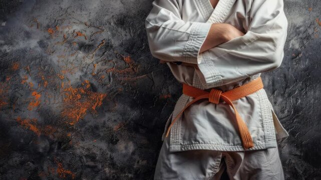 Martial artist in white gi with orange belt folding arms against textured wall