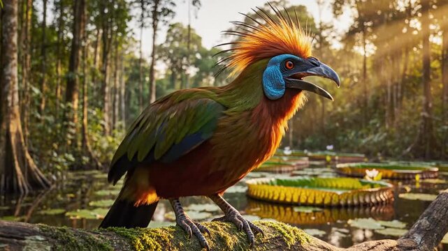Vivid parrot perched on a mossy log beside a sunlit pond in a forest, tranquil reflections. At dusk